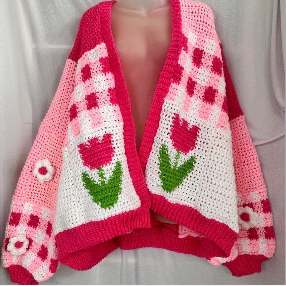Pink and White Tulip Patterned Sweater